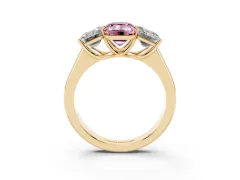 Fancy Pink Emerald Cut Diamond Three-Stone Ring Set in Yellow gold with Plain Polished Band