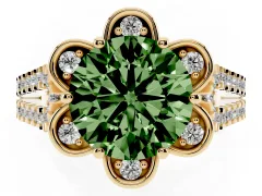 Fancy Green Round Cut Diamond Floral Halo Split Shank Engagement Ring Set in Yellow gold with Pavé Shank