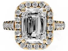 Emerald Cut Diamond Halo Engagement Ring Set in Yellow gold with Pavé Band and Prong-Set Center