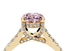 Fancy Pink Oval Cut Diamond Solitaire Ring Set in Yellow gold with Brilliant Pavé Band and Prong Setting