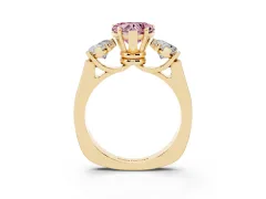 Fancy Pink Heart Cut Diamond Three-Stone Trellis Ring Set in Yellow gold with Comfort Fit Band