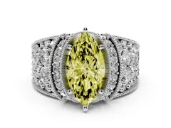 Fancy Yellow Marquise Cut Diamond Milgrain Halo Pavé Engagement Ring Set in White gold with Prong Setting