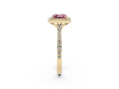 Fancy Pink Asscher Cut Diamond Halo Engagement Ring Set in Yellow gold with Round Pavé Shoulders and Heart Gallery