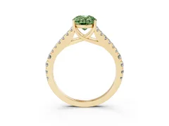 Fancy Green Oval Cut Diamond Split Shank Pavé Engagement Ring Set in Yellow gold with Prong-Held Center Stone