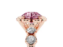 Fancy Pink Round Cut Diamond Floral Halo Ring Set in Rose gold with Shared Prong Band