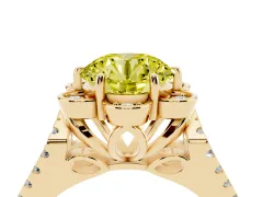Fancy Yellow Round Cut Diamond Floral Halo Split Shank Engagement Ring Set in Yellow gold with Pavé Shank