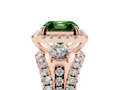 Fancy Green Asscher Cut Diamond Halo Split Shank Ring Set in Rose gold with Round Accent Stones and Prong Setting