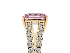 Fancy Pink Emerald Cut Diamond Split Shank Pavé Engagement Ring Set in Yellow gold with Prong-Held Center Stone