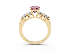 Fancy Pink Cushion Cut Diamond Five-Stone Prong Set Ring Set in Yellow gold with Classic Band