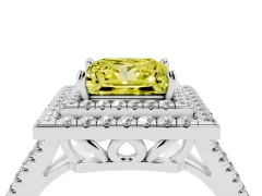 Fancy Yellow Princess Cut Diamond Double Halo Ring Set in Platinum with Pavé Band