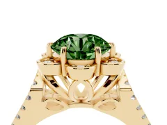 Fancy Green Round Cut Diamond Floral Halo Split Shank Engagement Ring Set in Yellow gold with Pavé Shank