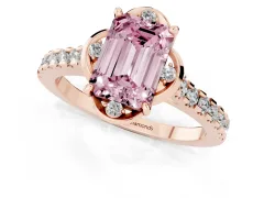 Fancy Pink Emerald Cut Diamond Solitaire Ring Set in Rose gold with Pavé Band and Floral Prong Setting