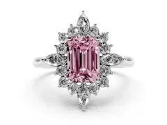 Fancy Pink Emerald Cut Diamond Cluster Halo Ring Set in White gold with Marquise and Round Accents