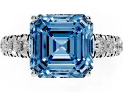 Fancy Blue Asscher Cut Diamond Solitaire Ring Set in White gold with Cut-Down Micro Pavé Band and Prong Setting