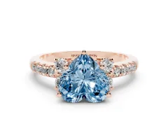 Fancy Blue Heart Cut Diamond Three-Stone Pavé Ring Set in Rose gold with Prong Setting
