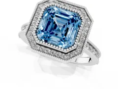 Fancy Blue Asscher Cut Diamond Halo Milgrain Pavé Band Ring Set in White gold with Prong Setting