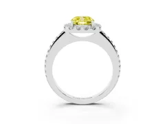 Fancy Yellow Cushion Cut Diamond Pavé Halo Ring Set in White gold with Prong Setting
