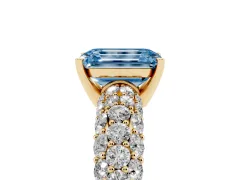 Fancy Blue Emerald Cut Diamond Pavé Band Solitaire Ring Set in Yellow gold with Close-Set Accent Stones and Prong Setting