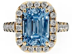 Fancy Blue Emerald Cut Diamond Halo Engagement Ring Set in Yellow gold with Pavé Band and Prong-Set Center