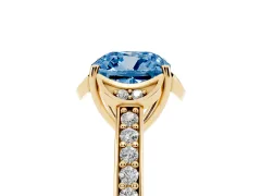 Fancy Blue Cushion Cut Diamond Halo Ring Set in Yellow gold with Channel Set Band and Prong Setting