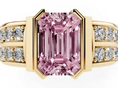 Fancy Pink Emerald Cut Diamond Wide Channel Set Band Ring Set in Yellow gold with Bezel Setting