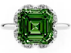 Fancy Green Asscher Cut Diamond Round Cluster Halo Ring Set in White gold with Solitaire Band and Prong Setting