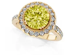 Fancy Yellow Round Cut Diamond Halo Ring Set in Yellow gold with Pavé Shank and Prong Setting