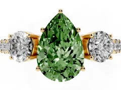 Fancy Green Pear Cut Diamond Three-Stone Ring Set in Yellow gold with Round Side Stones and Delicate Pavé Band