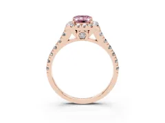Fancy Pink Emerald Cut Diamond Halo Engagement Ring Set in Rose gold with Pavé Band and Prong-Set Center