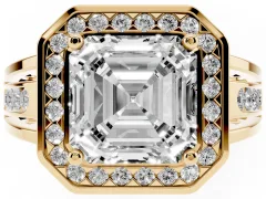Asscher Cut Diamond Halo Ring Set in Yellow gold with Pavé and Bezel Accent Split Shank