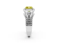 Fancy Yellow Asscher Cut Diamond Halo Split Shank Ring Set in Platinum with Round Accent Stones and Prong Setting