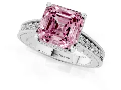 Fancy Pink Asscher Cut Diamond Solitaire Pavé Milgrain Engagement Ring Set in Silver with Prong Setting
