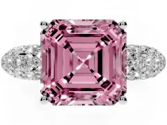 Fancy Pink Asscher Cut Diamond Pavé Band Solitaire Ring Set in White gold with Close-Set Accent Stones and Prong Setting