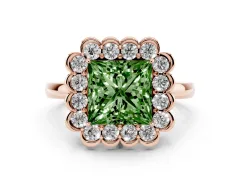 Fancy Green Princess Cut Diamond Halo Cluster Engagement Ring Set in Rose gold with Solitaire Band and Prong Setting