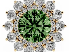 Fancy Green Round Cut Diamond Floral Double Halo Ring Set in Yellow gold with Round Petals