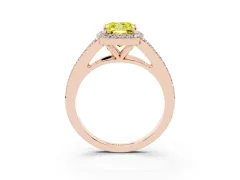 Fancy Yellow Cushion Cut Diamond Halo Split Shank Pavé Ring Set in Rose gold with Prong Setting