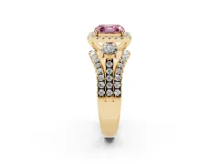 Fancy Pink Asscher Cut Diamond Halo Split Shank Ring Set in Yellow gold with Round Accent Stones and Prong Setting