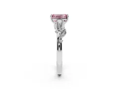 Fancy Pink Emerald Cut Diamond Solitaire Ring Set in Silver with Leaf Motif Band