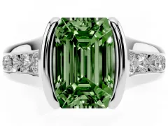 Fancy Green Emerald Cut Diamond Bezel-Set Solitaire Ring Set in White gold with Channel-Set Band