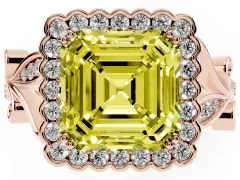 Fancy Yellow Asscher Cut Diamond Halo Ring Set in Rose gold with Leaf Motif Split Shank and Prong Setting