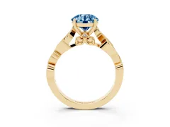 Fancy Blue Round Cut Diamond Vine Band Solitaire Ring Set in Yellow gold with Milgrain Prong Setting