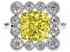 Fancy Yellow Cushion Cut Diamond Cluster Halo Ring Set in White gold with Milgrain Bezel Accents and Plain Band