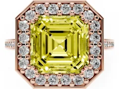 Fancy Yellow Asscher Cut Diamond Halo Ring Set in Rose gold with Accent-Lined Split Shank and Prong Setting