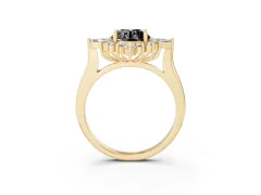 Fancy Black Round Cut Diamond Cluster Halo Ring Set in Yellow gold with Marquise and Round Accents