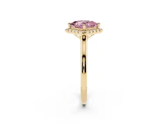Fancy Pink Princess Cut Diamond Halo Engagement Ring Set in Yellow gold with Pavé Band and Rising Shoulders