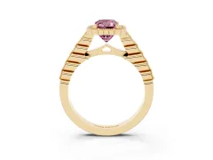 Fancy Pink Radiant Cut Diamond Halo Ring Set in Yellow gold with Pavé Milgrain Band