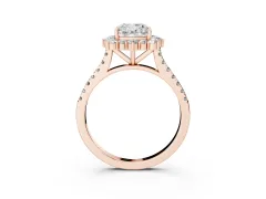 Cushion Cut Diamond Halo Ring Set in Rose gold with Pavé Band and Prong Setting