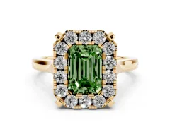 Fancy Green Emerald Cut Diamond Cluster Halo Solitaire Ring Set in Yellow gold with Prong Setting