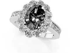 Fancy Black Oval Cut Diamond Halo Pavé Engagement Ring Set in Platinum with Milgrain Detailing
