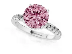 Fancy Pink Round Cut Diamond Pavé Solitaire Ring Set in White gold with Round Band Accents and Prong Setting